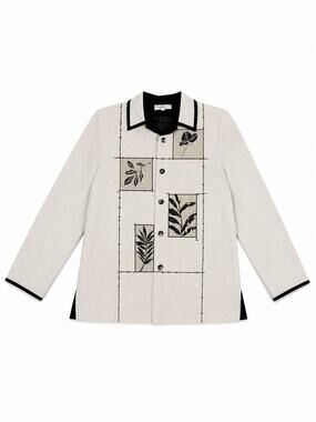 Vanessa Gray Kasper Women’s L Beige Black Embroidered Button Front Jacket